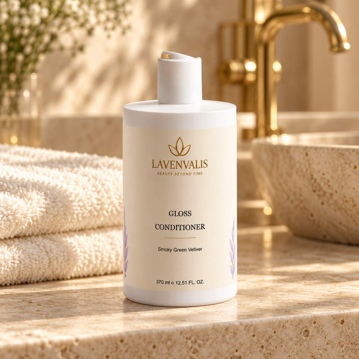 Lavenvalis Gloss Conditioner Smoky Green Vetiver 370 ml — bathroom still life