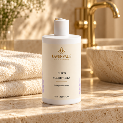 Lavenvalis Gloss Conditioner Smoky Green Vetiver 370 ml — bathroom still life