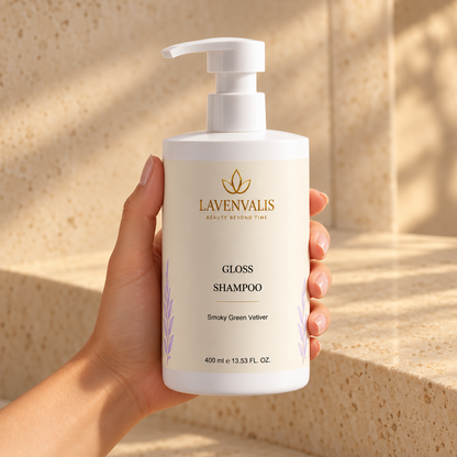Lavenvalis Gloss Shampoo Smoky Green Vetiver 400 ml — bottle in hand