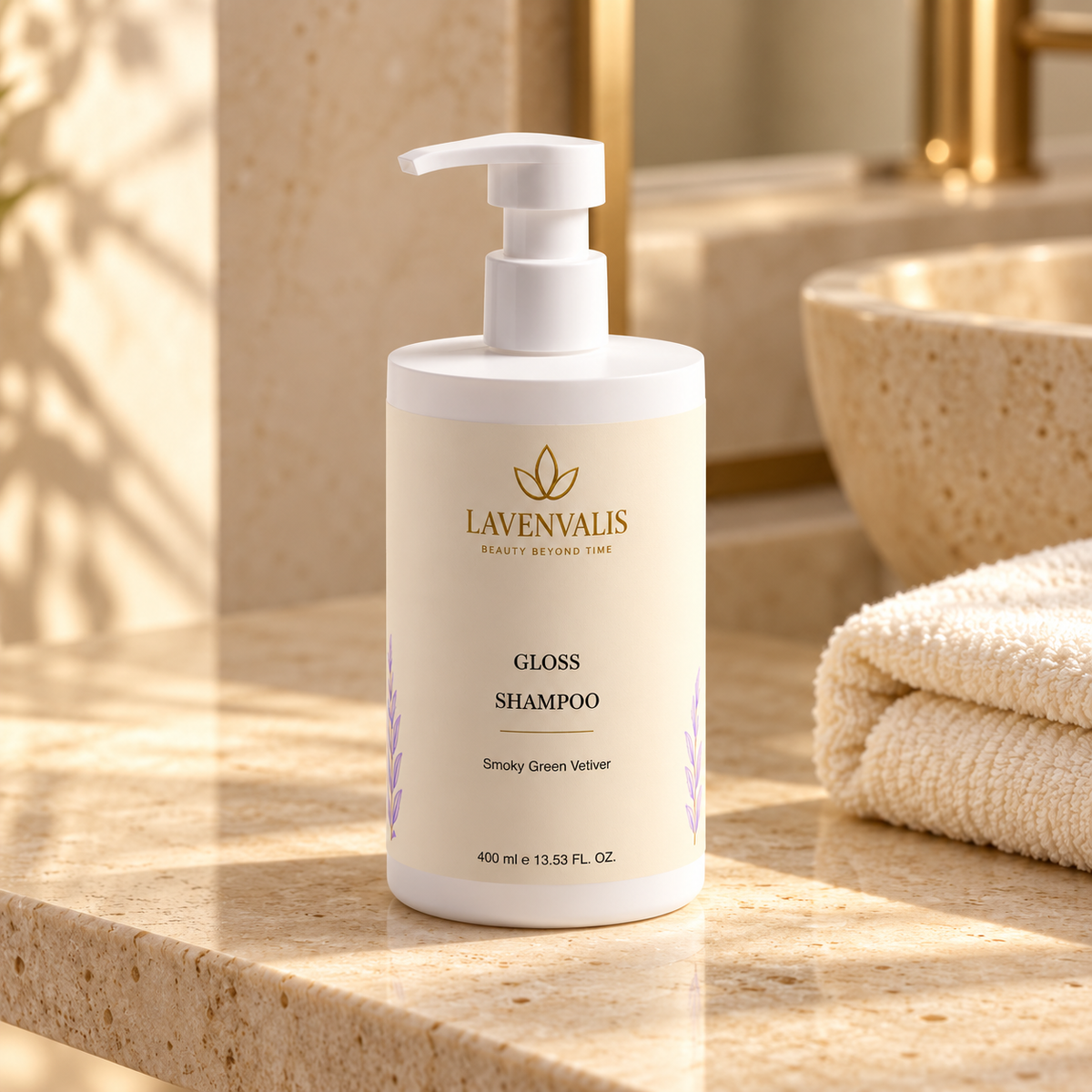 Lavenvalis Gloss Shampoo Smoky Green Vetiver 400 ml — bathroom still life
