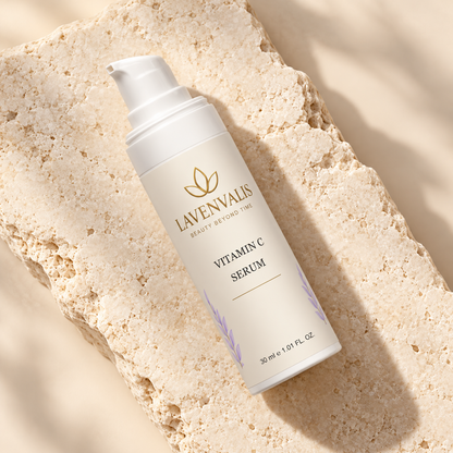 Lavenvalis Vitamin C Serum on ivory stone, campaign image