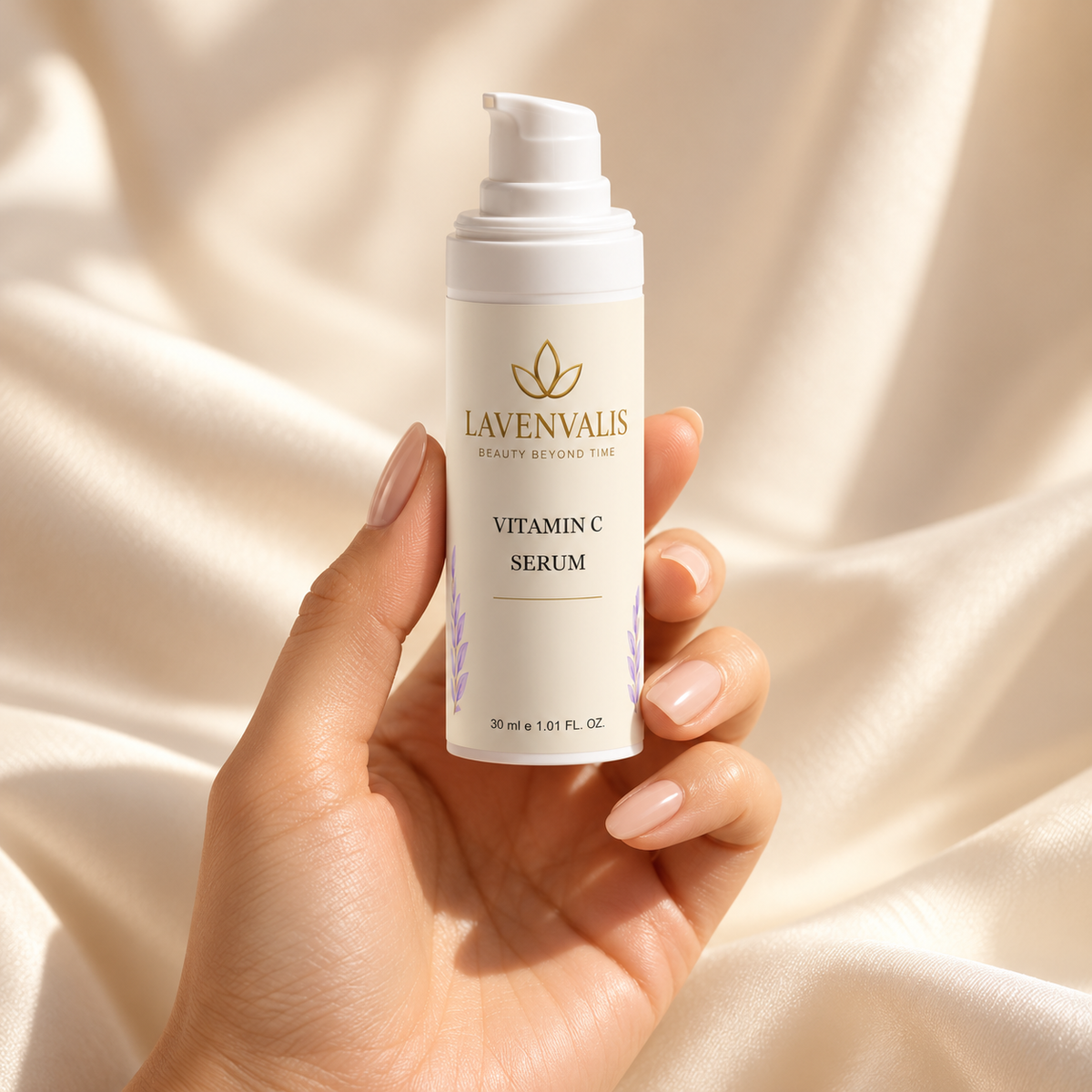 Lavenvalis Vitamin C Serum held in hand, generated campaign illustration