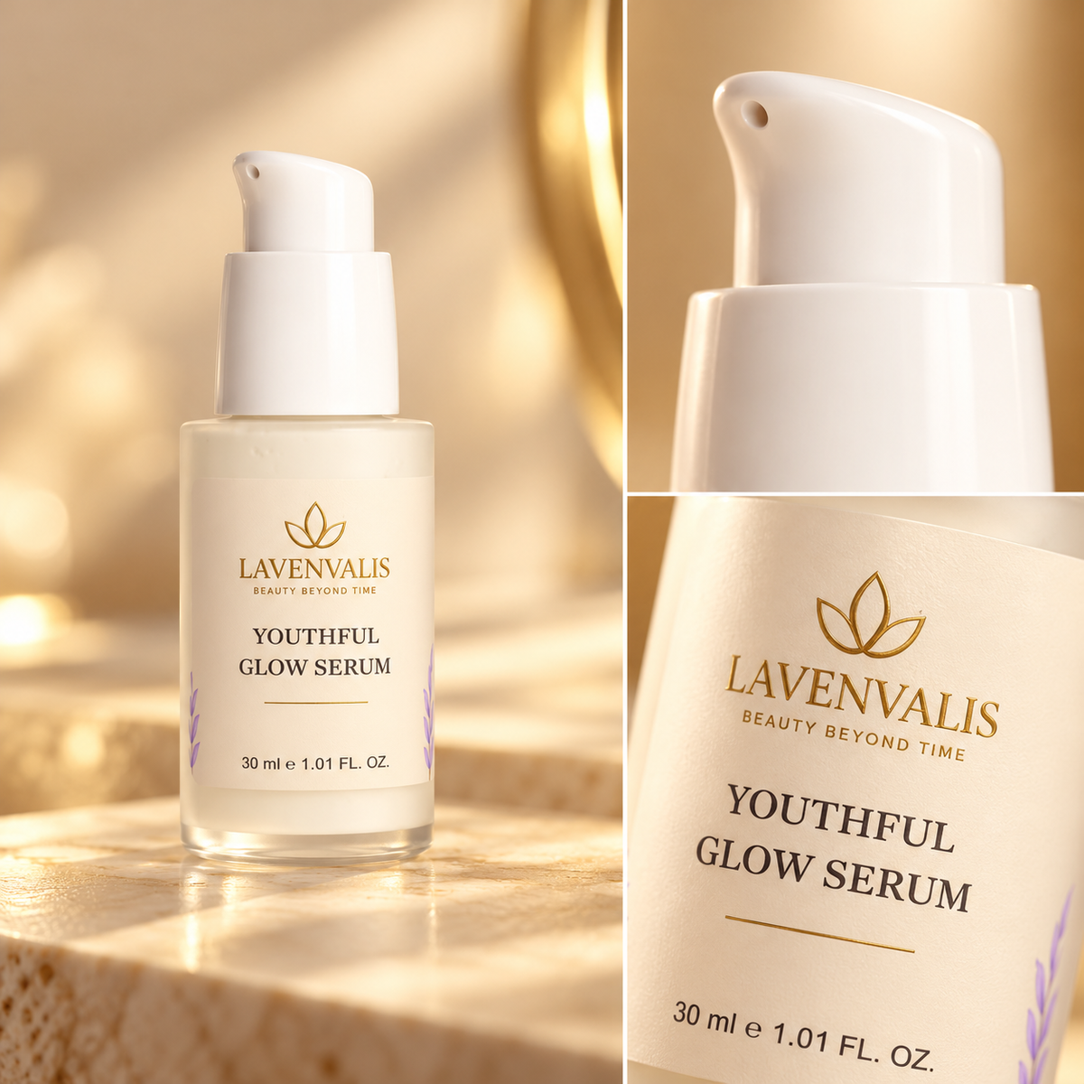 Lavenvalis Youthful Glow Serum 30 ml — pump and label details