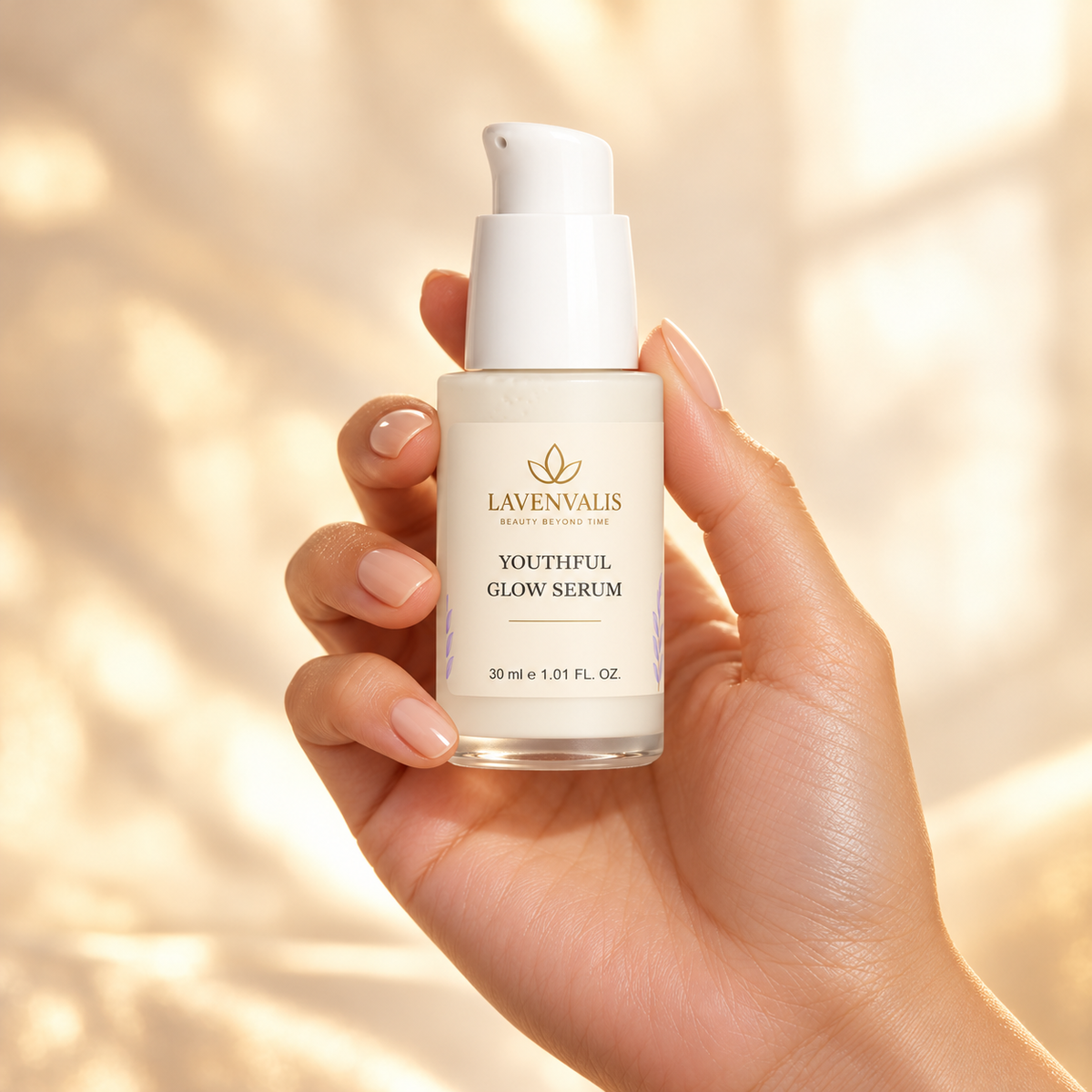 Lavenvalis Youthful Glow Serum 30 ml — bottle held in hand