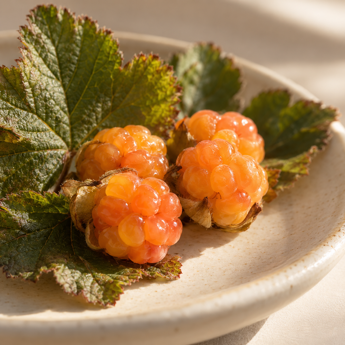 Amber cloudberries with lobed leaves on pale ceramic — ingredient illustration
