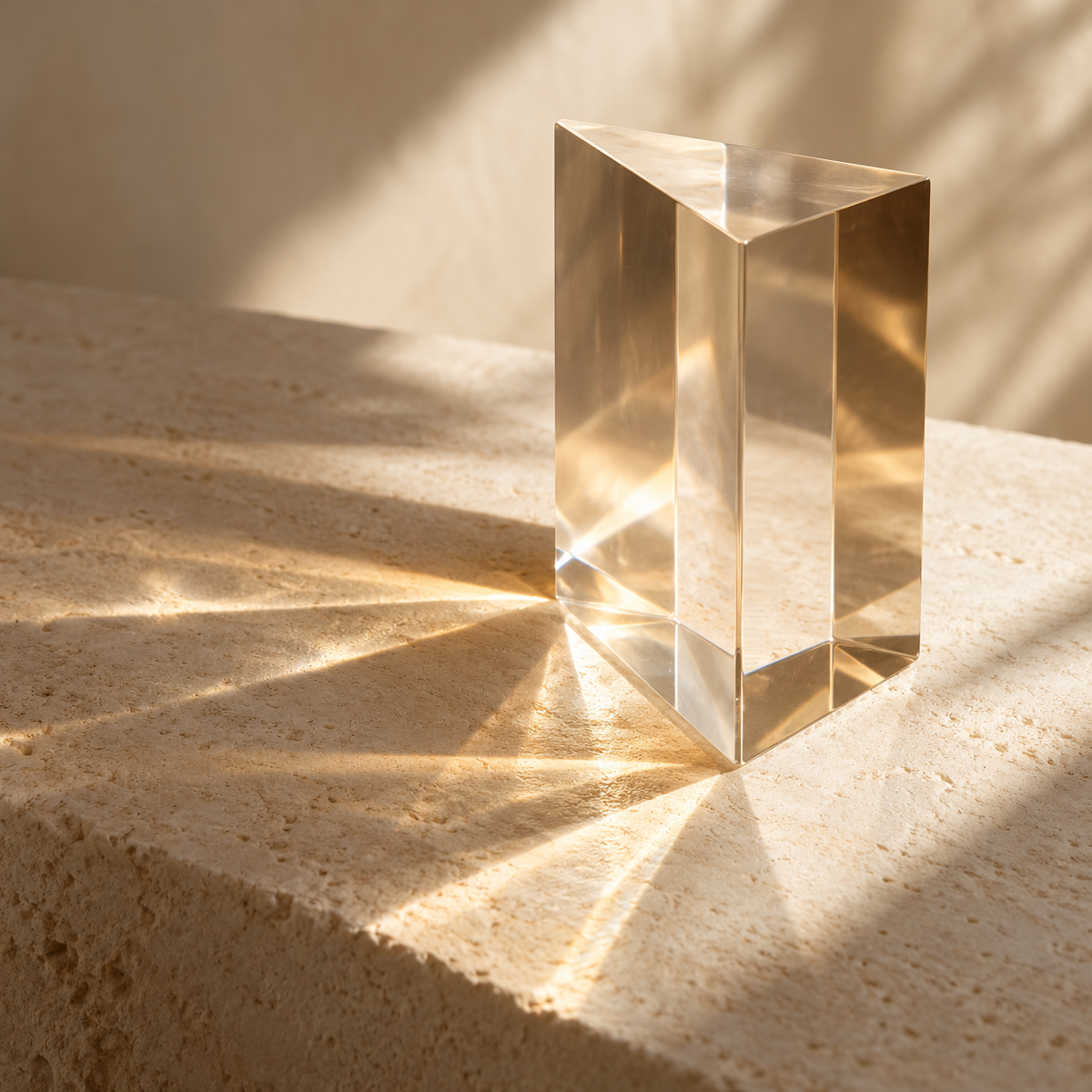 Clear glass prism casting warm light on ivory stone - conceptual formula inspiration