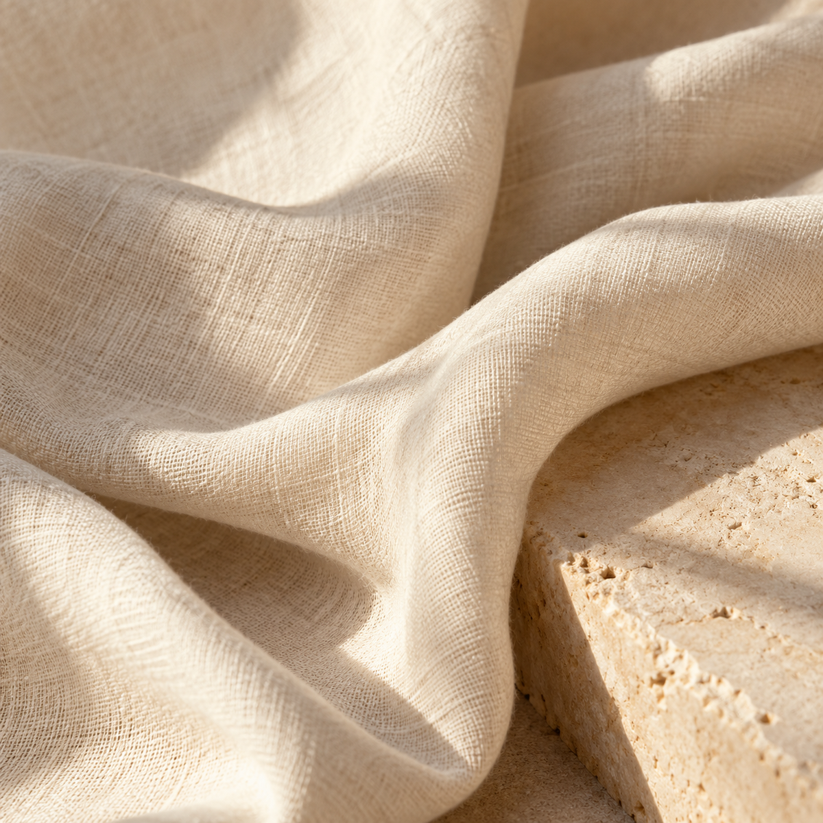 Softly folded ivory linen on pale stone - abstract campaign mood