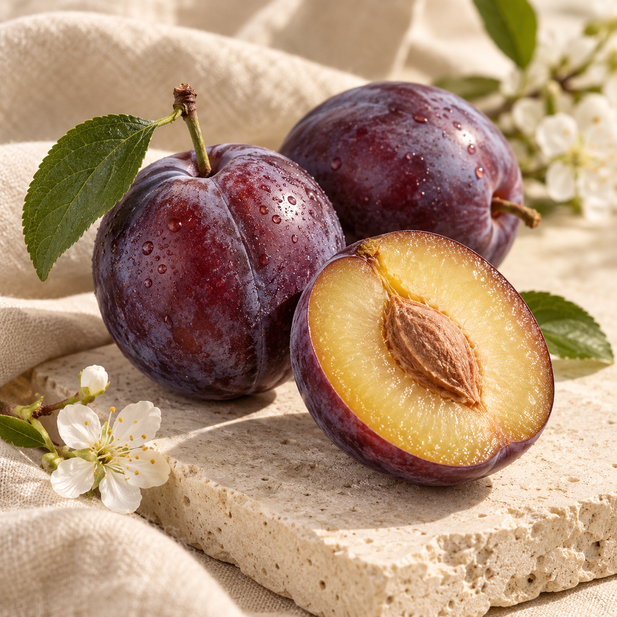 Purple plums with cut half showing flesh and stone — ingredient illustration