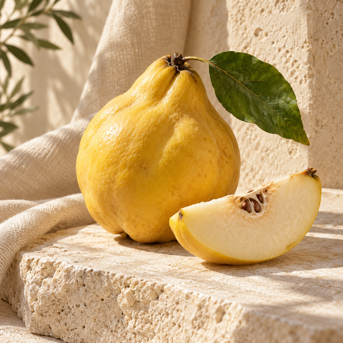Golden quince fruit and cut wedge — ingredient illustration