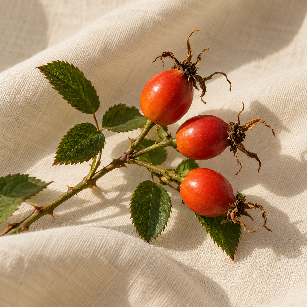 Red-orange rose hips with leaves on linen — ingredient illustration