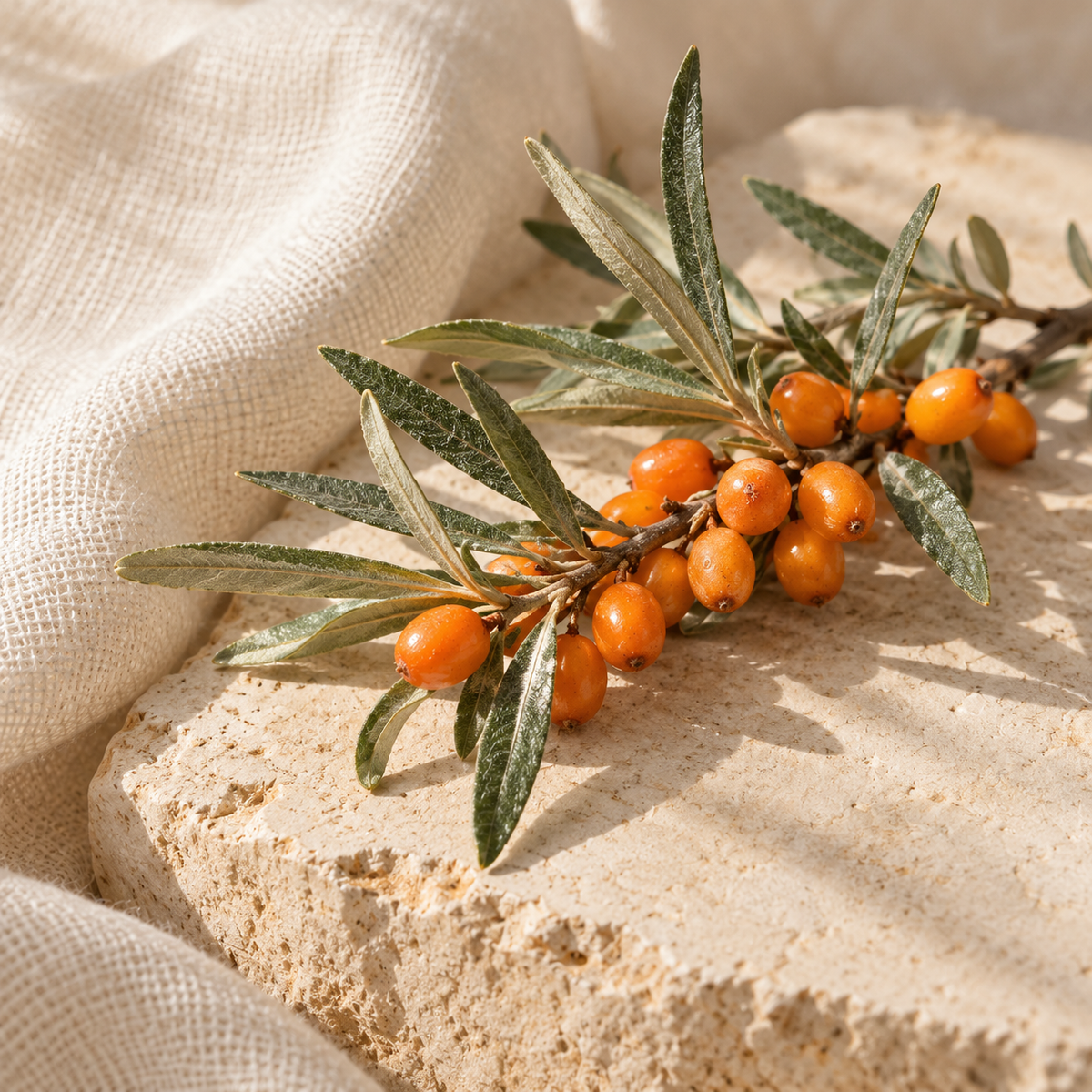 Sea buckthorn branch with orange berries and narrow leaves — ingredient illustration