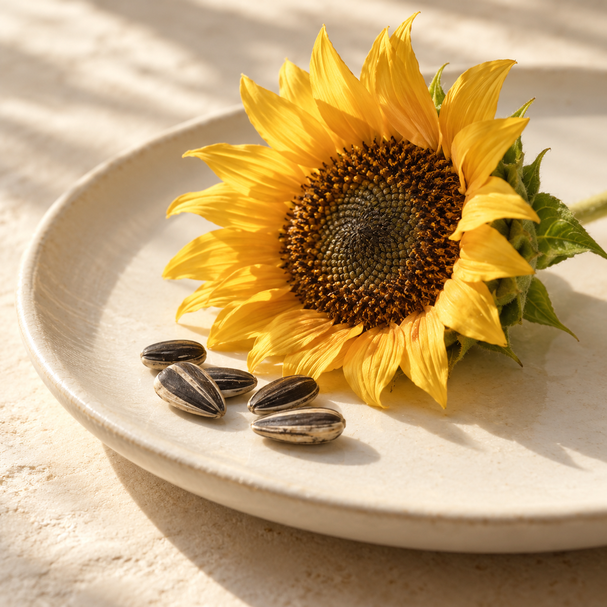 Sunflower head and seeds on ivory ceramic — ingredient illustration